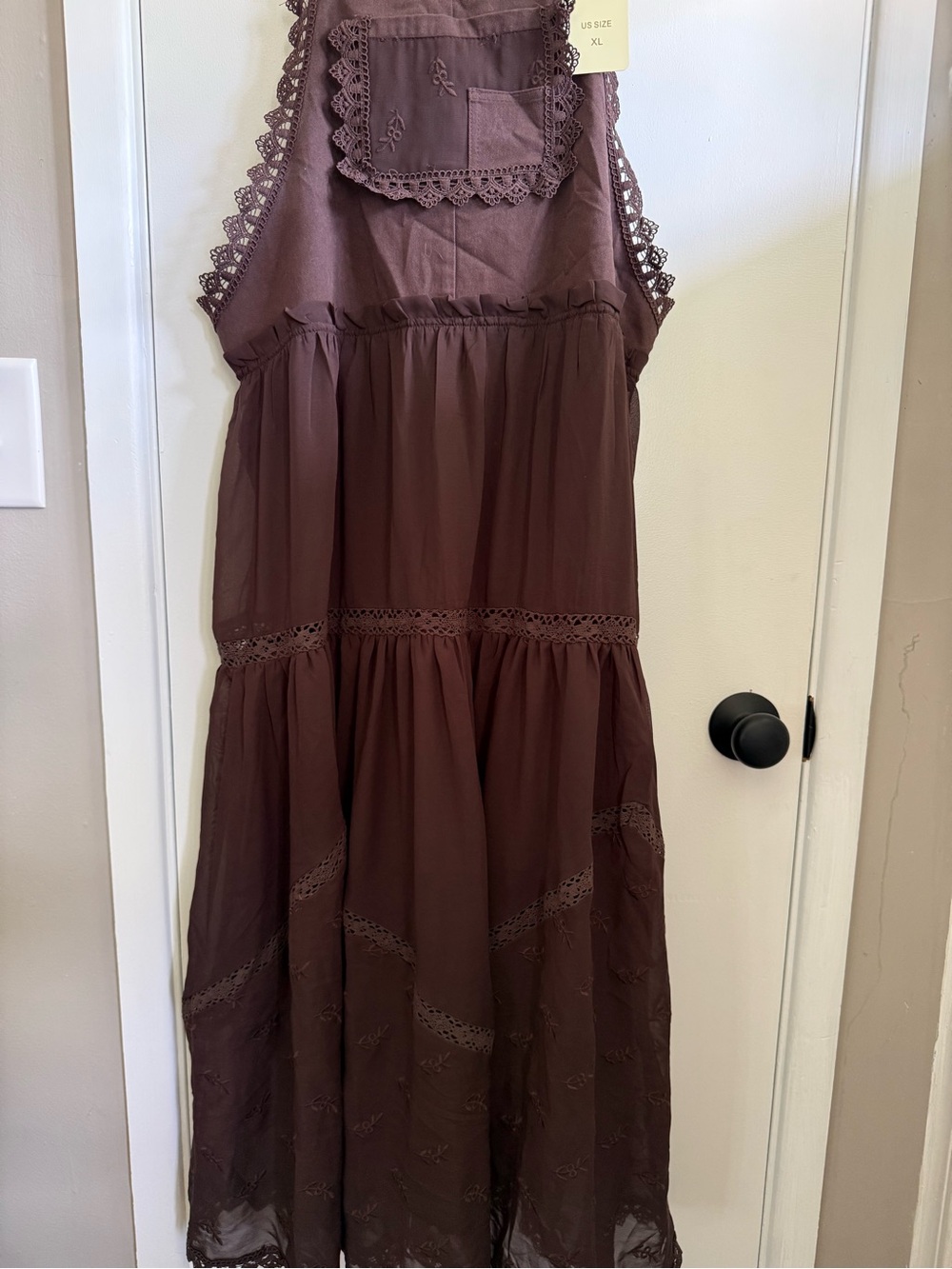 Ebossy Chocolate Brown Maxi Dress with Embroidered Bib, Lace Detail, Size XL - Picture 8 of 9